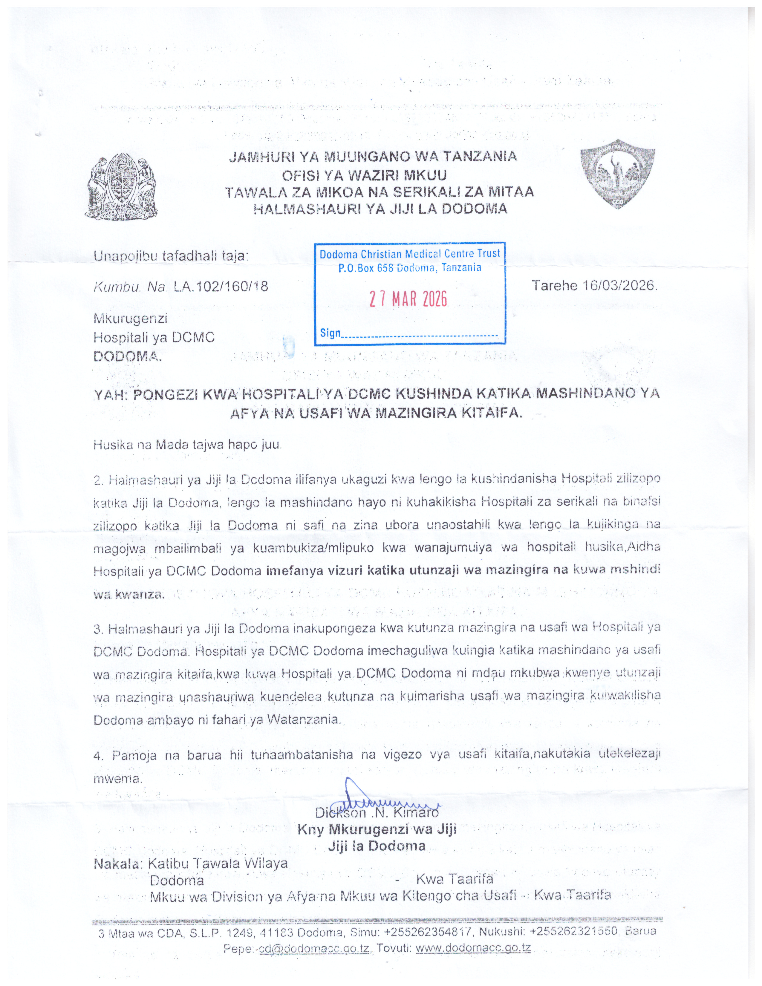 DCMC Hospital Ranked First in Environmental Cleanliness in Dodoma